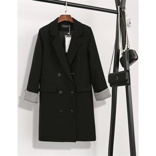 Double Breasted PlaidBlack Women Suit Lady Fashion Blazers Autumn Spring Slim Korean Style Loose Cotton Casual Womens Long Coat