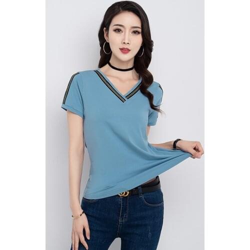 Korean V-Neck Short Sleeve T-Shirt WomenS Summer 2021 New Trend Solid Color Bottom Coat Pure Cotton Lady Loose Top Girl