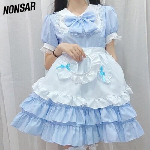 NONSAR Bowknot Puff Sleeve Maid Outfit Summer Apron Dresses Cosplay Costumes Lolita Dress Platycodon First Love New