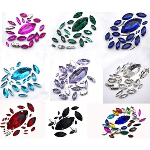 Mix Size Flatback Rhinestones Glass Crystals Sew-on Leaf Shape Silver Base For Jewelry Dress Shoes Craft Nails Decoration 25Pcs