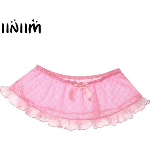 Gay Mens Lingerie Sissy Underwear Lip/Dots/Plaid Pattern See-through Mesh Erotic Skirt Underpants Nightwear Ruffles Miniskirt