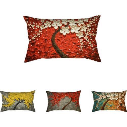 Cherry Blossom Oil Painting Art Floral Rectangle Lumbar Waist Pillow Case Red Purple Yellow Flower Tree Home Decor Cushion Cover