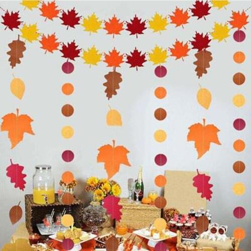 Autumn Leaves Maple Leaf Garland Thanksgiving Decoration Banner Paper Circle String Garland Wall Hanging Fireplace Holiday Decor