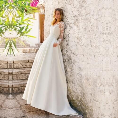 V Neck Long Sleeve Wedding Dress White Ivory Vestido De Noiva Appliques Lace Back Button A Line Bride Dresses with Pockets