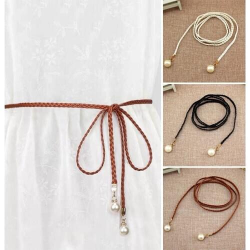 Elegant Pearl Thin Belts Women Long Leather Hemp Rope Braid Waist Belt Bohemia Girls Summer Waistband for Dress