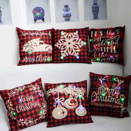 Christmas Plaid Print LED Light Cushion Cover 45*45cm Cotton Linen Pillow Covers Home Decor Sofa Cushions Pillow Cases KD-0588