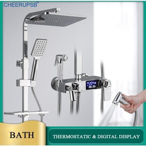 Smart Thermostatic Shower Set Bathroom Wall Mount Rainfall Shower System LED Light Digital Dispaly Bath Faucet Bathtub Tap Kit