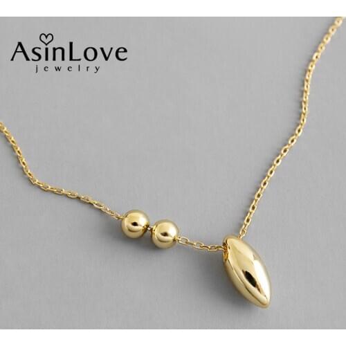 AsinLove Geometric 18K Gold Oval Bead Necklace Simple INS Korean Style Real 925 Sterling Silver Chain for Women Fine Jewelry