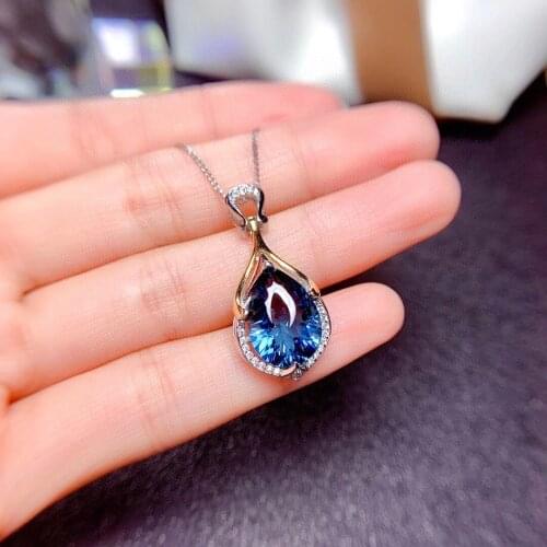 Luxury Crystal Blue Water Drop Pendant Women Necklace Jewelry Trendy 925 Silver Chain Clavicle For Female Choker Accessories