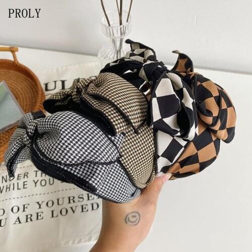 PROLY New Fashion Womens Hair Accessories Autumn Big Bowknot Plaid Headband Wide Side Headwear Headband Wholesale