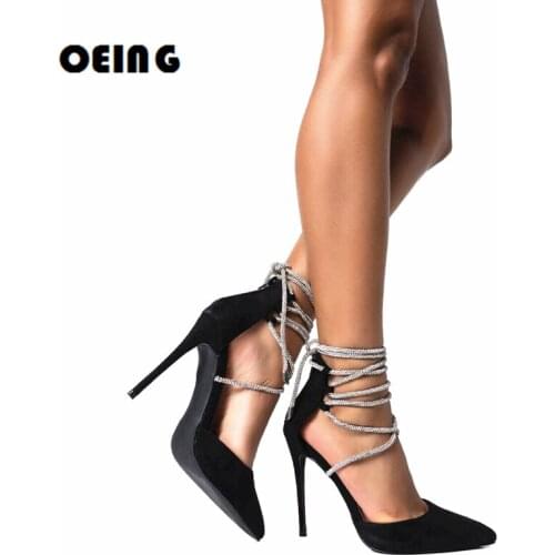 2021 Spring Autumn Women Stiletto Black Pumps Faux Suede Pointed Toe Gladiator Shoes Back Ankle Zipper Dress Party Wedding Pumps