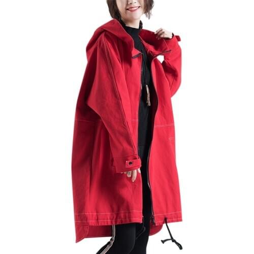 Spring Autumn Long Trench Coat Womens Clothes New Loose Hooded Overcoat Large Size Zipper Cardigan Red Windbreaker Female Tops