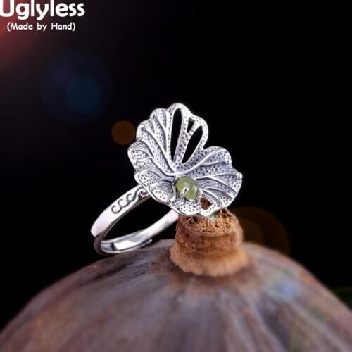 Uglyless Autumn Comes Broken Lotus Leaf Rings for Women Thai Silver Vintage Jewelry Natural Green Jade Rings 925 Silver Bijoux