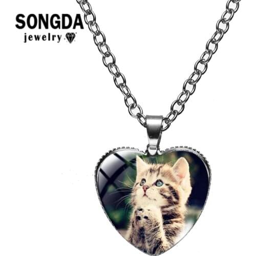 SONGDA Cute Cat Series Necklaces for Women Heart Glass Surface Pendant Chain Beautiful Jewelry Accessories Kid Best Lovely Gift