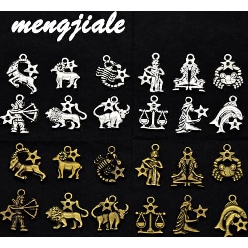 12pcs(1set) Wholesale Two Color Zodiac Charms Alloy Metal Constellation Pendants For DIY Handmade Jewelry Accessories Making