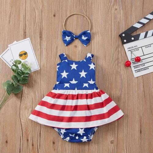 2021 0-24M Independence Day Baby Girl Romper Dress 2pcs Stars and Striped Print Sleeveless Bow Tutu Playsuit Dress+Headband