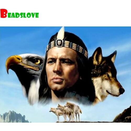 5d Diy Diamond painting indian man and wolf eagle embroidery diamond picture of Rhinestone mosaic full Round Square drill