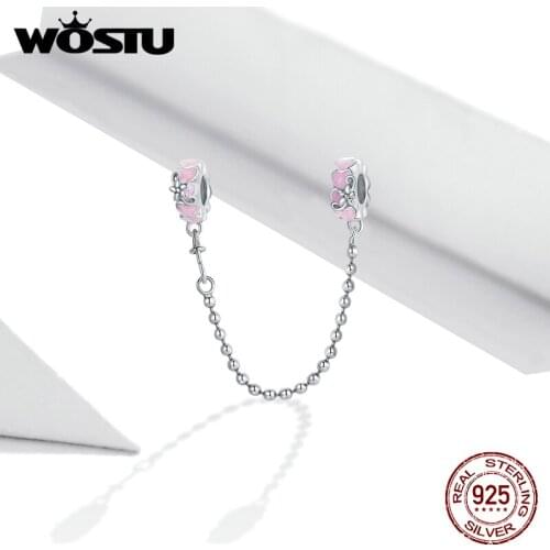 Wostu Safety Chain 925 Sterling Silver Purple Glass Design Charms Fit for Original Women Bracelet Fine Jewelry DXC1799