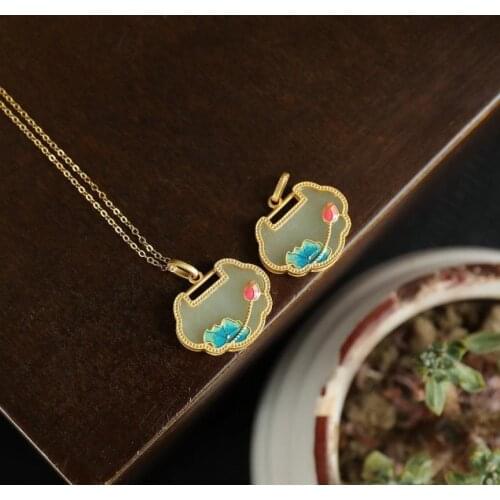 Designer original enamel porcelain Hetian jade lotus pendant necklace Chinese style retro charm lady brand silver jewelry