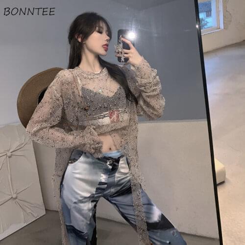 Long Sleeve T-shirts Women O-neck Knitted Design Polka Dot Streetwear Cool Loose Hollow Out Thin Summer Hot Sale Sexy Chic Ins