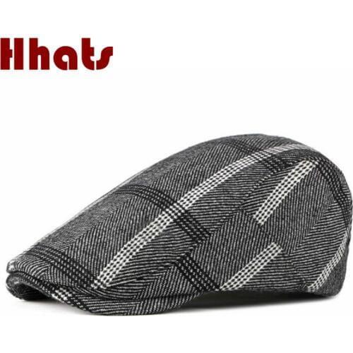 Wool Plaid Winter Flat Cap For Men Vintage Grid Male Cap Warm Classic British Style Ivy Cap Striped Cabbie Gastby Beret Bone