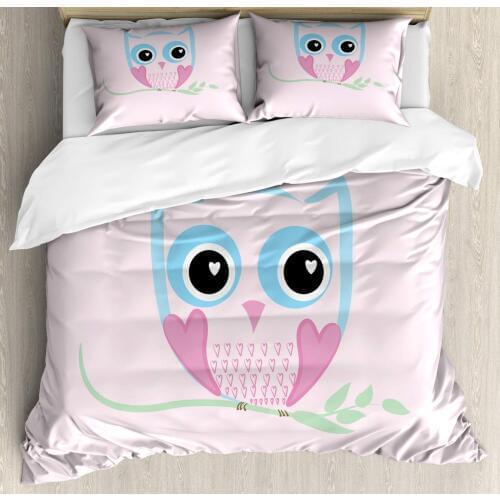 Owl Print Duvet Cover Set Computer Graphics of a Forest Creature 3 Piece Bedding Set Baby Pink Multicolor