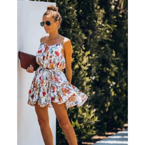 Summer Women Dress Spaghetti Straps Floral Print Belt Loose Mini Sling Dress for Beach