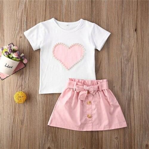 2020 Summer New Toddler kids Baby Girl Short Sleeve Pearl LOVE Tops T-Shirt Button Skirt Lovely Fashion Outfits Clothes