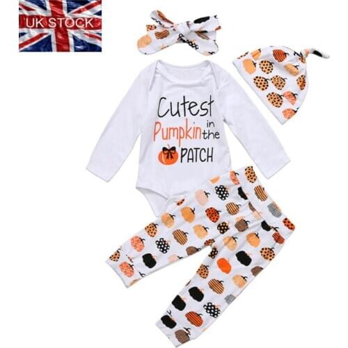 My First Halloween Newborn Baby Boy Girl Clothes Long Sleeve Letter Pumpkin Romper Beanies Hat Headband 4PCS Outfit Set