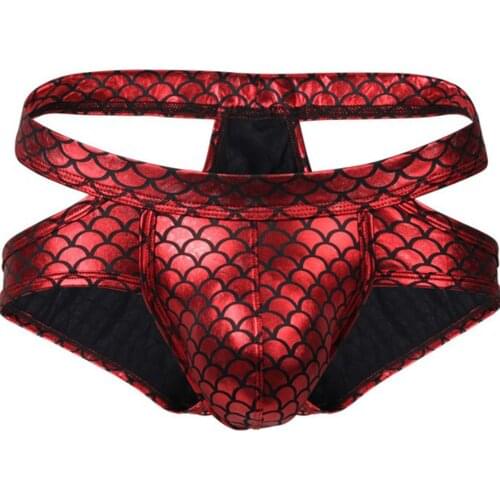 Mens Lingerie Underwear Shiny Fish Scale Print Briefs Panties Hollow Out Low Waist Elastic Waistband Bulge Pouch Underpants