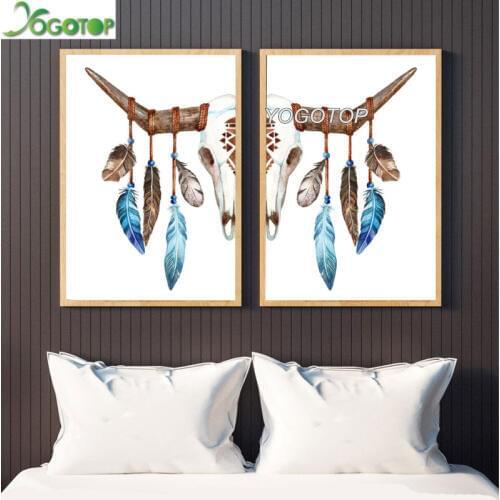 Bohemian Watercolor Deer Skull diamond painting cross stitch Buffalo Bull Animal Skull With Feathers Wall Pictures 2pcs ML883