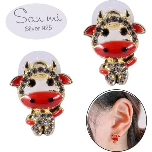 PAIR Cute Cow Earring Stud Small Cute Calf Red Rhinestones 20g Lobe Studs Piercing Zircon Ear Tragus Body Jewelry