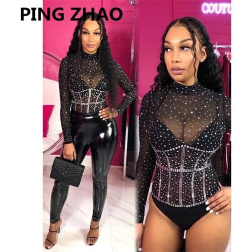 PING ZHAO Sexy Diamond Crystal Skinny Short Jumpsuit Women Long Sleeve See Through Bodysuit Party Clubwear Rompers