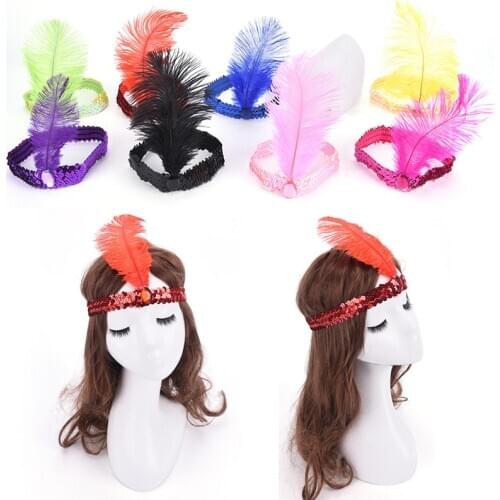1Pcs Festival Supplies Feather Headband 23CM Funny Flapper Sequin Headpiece Costume Head Band Party Favor
