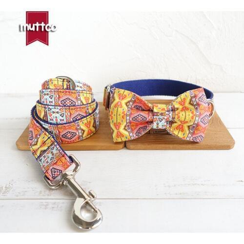 MUTTCO adjustable handmade bowtie pet collar THE BLUE BOHEMIAN Chihuahua puppy pet supplies 5 sizes dog collar leash set UDC054