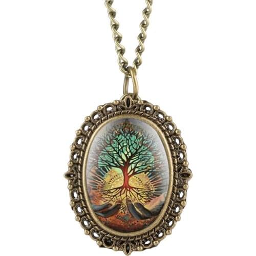Reloj Mujer Quartz Pocket Watch Analog Pendant for Women Tree of Life Pattern Oval Dial Gift for Pocket Watch With Necklace