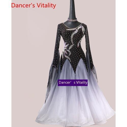 Luxurious National Standard Dance Competition Costume Big Hemlines Shine Diamond Dress Ballroom Waltz Jazz Dancing Stage Suit