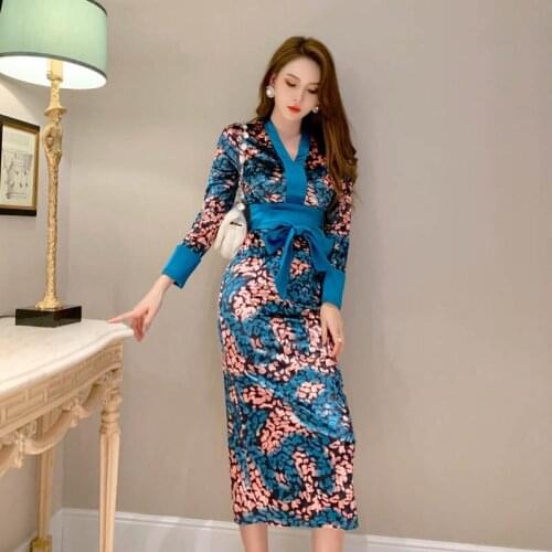 Spring Autumn Sexy Party Dresses High-end Women V Neck Long Sleeve Elegant Dress Vintage Bow Print Velvet Bodycon Dress Vestidos