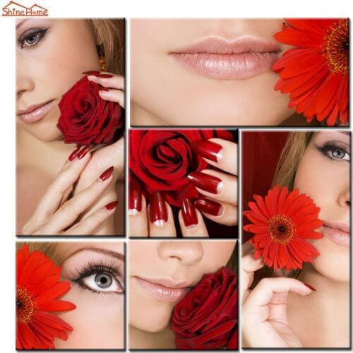 ShineHome-6pcs Wall Art Canvas Painting Printing Spa Body Nail Salon Massage Red Rose Floral Artwork Picture Posters and Prints
