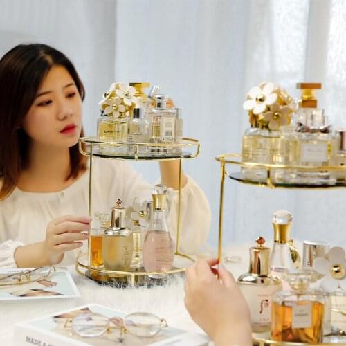 Nordic Fashion Rotating Cosmetic Desktop Storage Box Transparent Makeup Storage Shelf 2 Tiers Tray Dressing Table Finishing Rack