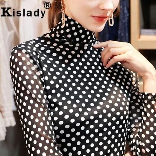 2020 Spring Fall Womens Turtleneck Long Sleeve Gothic Shirt Sexy Polka Dot Lace Blouse OL Plus Size Vintage Korean Clothes