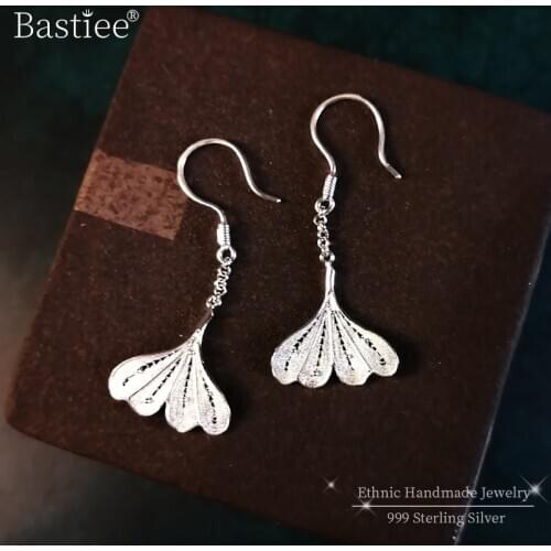 Bastiee Ginkgo Leaf 999 Sterling Silver Statement Earrings For Women Luxury Jewelry Dangle Earings Hmong Handmade Vintage