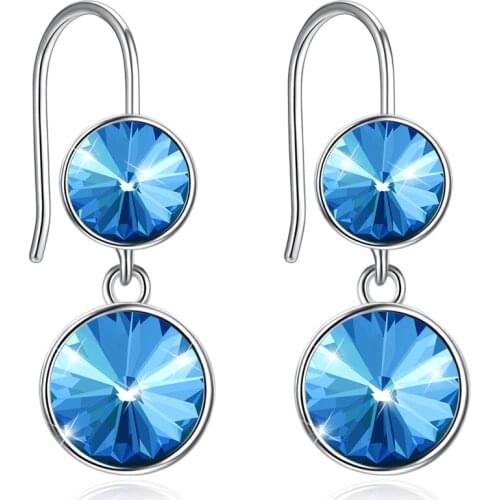 SILVERHOO Women Earrings 925 Sterling Silver Round Blue Austria Crystal Drop Earring Fine Jewelry Romantic Valentines Day Gift