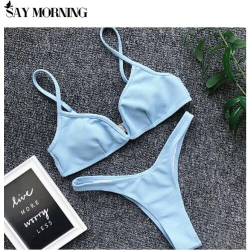 SAY MORNING V-Neck Push Up Swimsuit 2021 Backless Solid Color Sexy Bikini Set Bathing Suit Female Summer Beach
