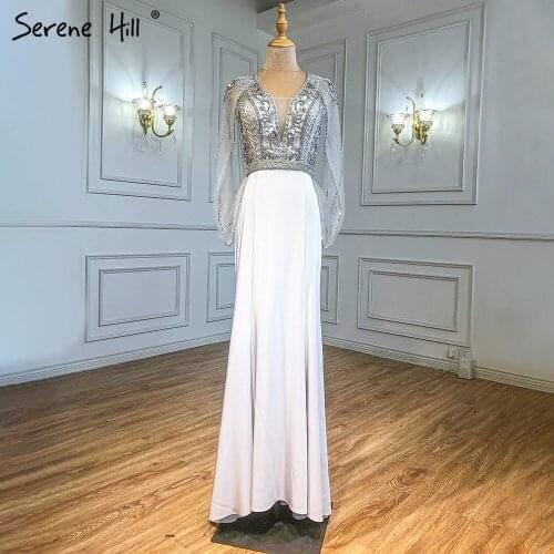 Serene Hill Grey Luxury Beaded Satin Mermaid Evening Gown 2021 Sexy V-Neck Cape Sleeves For Women Formal Party Dress CLA71233