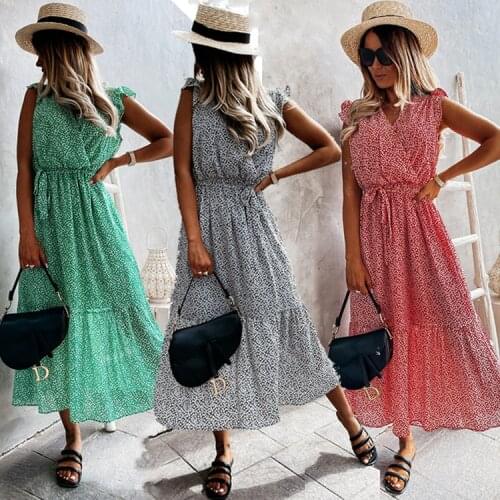 Summer Dress Womens Clothing 2021 Femme Robes Floral Print A-Line Dresses Y2K Ruffles Sleeveless Long Dress For Women Vestidos
