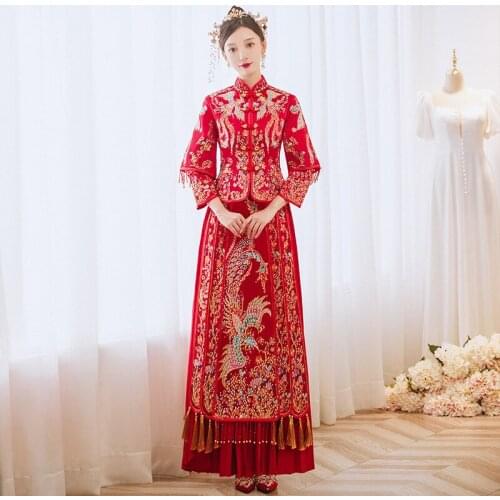 Womens Chinese Style Wedding Dress Red Phoenix Cheongsam Traditional Qipao Plus Size S-4XL