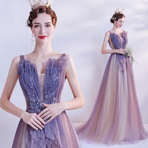 New long purple sparkle lady girl fairy prom dress party evening dancing performance dress gown free shipping