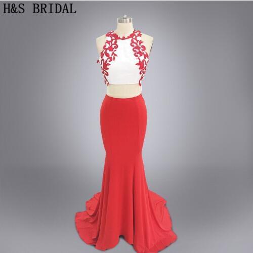 Real photo 2016 Custom made Vestidos Elegant two piece prom dress embroidery red two pieces mermaid evening dresses