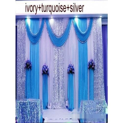 10ftX20ft ice silk Wedding Backdrop Swag Party Curtain with silver Sequin Fabric Drape Luxury Wedding Props Satin Drape curtain